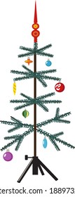Old-fashioned artificial Christmas tree decorated with glass ornaments, isolated on white, EPS 8 vector illustration