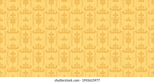 Old-fashioned background pattern with decorative ornaments in vintage style and yellow shades, wallpaper. Seamless pattern, texture for your design. Vector image