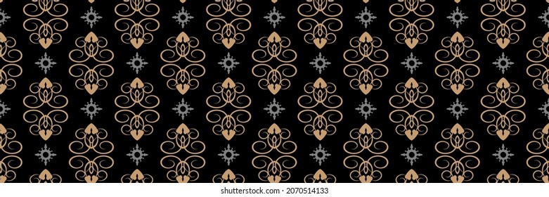 Patrón de fondo anticuado con adornos decorativos sobre un fondo negro para tu diseño. Fondo perfecto para papel pintado, texturas. Ilustración vectorial.