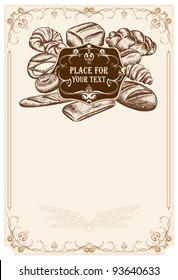 Old-fashioned bakery poster with bread, croissant, bagels, buns, pretzel