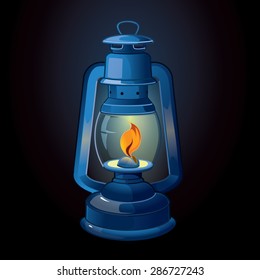 Old-fashioned blue lantern on dark background isolated.