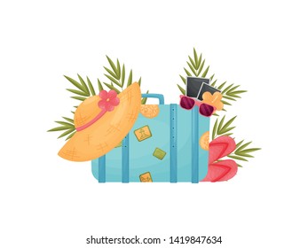 Old-fashioned blue suitcase with stickers. Vector illustration on white background.