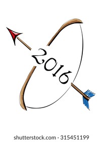 Old-fashioned bow and arrow sketch with a handwritten 2016