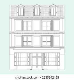 Oldfashioned brick building Coloring Book in realistic style. European facade house front view. Vector illustration isolated on white background.