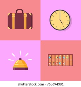Old-fashioned briefcase with belt, round mechanic wall clock, gold bell and wooden shelf for room keys isolated vector illustrations.