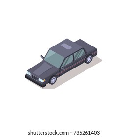 Old-fashioned car with clean glasses and square bumper isolated isometric 3d vector illustration on white background. Plain dark blue vehicle.