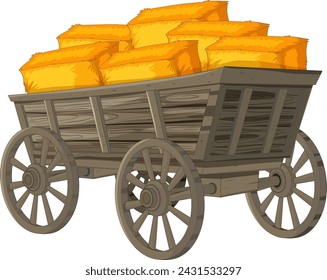 Old-fashioned cart filled with golden hay bales.