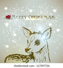 Old-fashioned Christmas background with deer.  Retro design. Hand drawn vector Illustration with place for text.