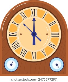 Marco de madera de reloj anticuado, números romanos que marcan las horas, dos diales Pequeños debajo de la cara principal. Decoración de estilo vintage de reloj de madera, pieza de diseño atemporal de fondo blanco aislado. Antigüedad ilustrativa