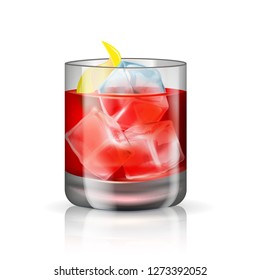 Old-fashioned Cocktail Isolated On The White Background. Vector Illustration Of The Hard Beverage. Alcoholic Drink With Whiskey, Bitters, Lemon Peel And Ice Cubes.