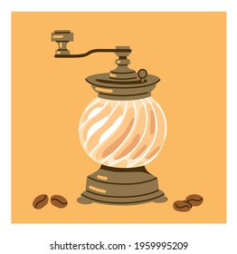 Old-fashioned coffee grinder. Vintage classic manual pepper mill with handle. Burr mill for coffee beans, seasoning, spices. Vector illustration, print, poster, postcard.