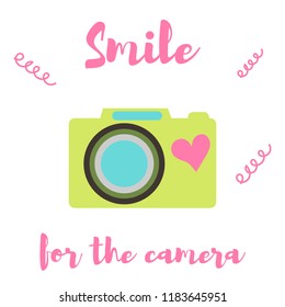 The old-fashioned color camera. Flat style. on a white background