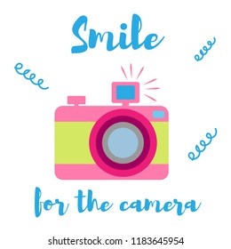 The old-fashioned color camera. Flat style. on a white background