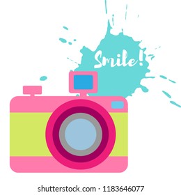 The old-fashioned color camera. Flat style. Splash and inscription Smile