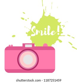 The old-fashioned color camera. Flat style. Splash and inscription Smile