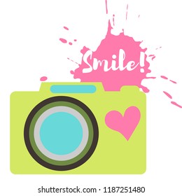 The old-fashioned color camera. Flat style. Splash and inscription Smile