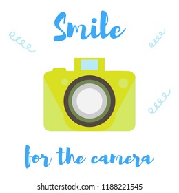 The old-fashioned color camera. Flat style. on a white background