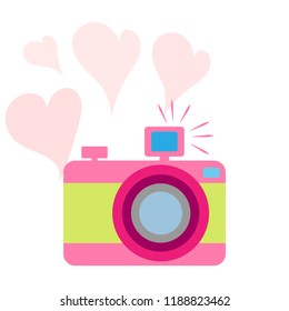 The old-fashioned color camera. Flat style. Vector illustration. hearts in the background