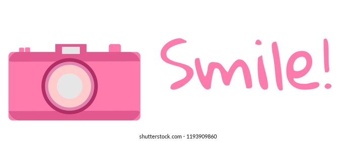 The old-fashioned color camera. Flat style. Splash and inscription Smile