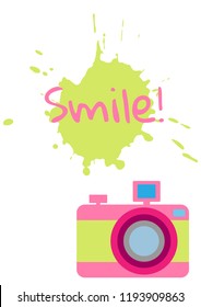 The old-fashioned color camera. Flat style. Splash and inscription Smile