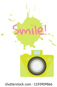 The old-fashioned color camera. Flat style. Splash and inscription Smile