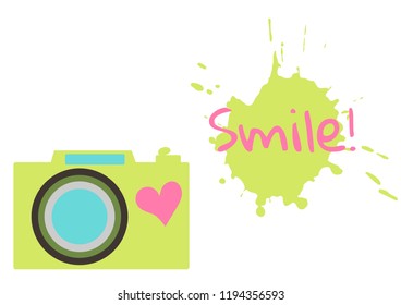 The old-fashioned color camera. Flat style. Splash and inscription Smile