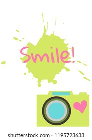 The old-fashioned color camera. Flat style. Splash and inscription Smile