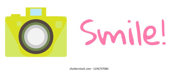 The old-fashioned color camera. Flat style. Splash and inscription Smile