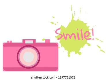 The old-fashioned color camera. Flat style. Splash and inscription Smile