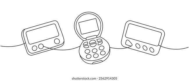 Old-fashioned communication technology one line continuous drawing. Small flip phone, pager, beeper. Vector linear illustration.