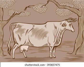 Old-fashioned cow in sepia