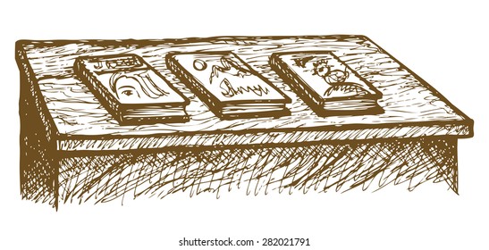 Old-fashioned desk with collection of publicism laid out display for sale. Vector freehand ink drawn backdrop sketch in art scribble style pen on paper. View close-up with space for text