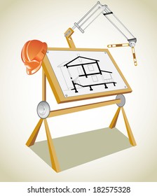 Old-fashioned drawing board with white project blueprint
