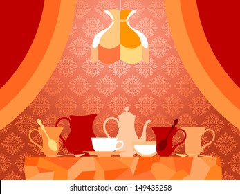 Old-Fashioned Evening Tea Party. Dining room's graphic still life: hanging lamp above the teaware, situated on table, and ornamented wallpaper as background, framed with curtains