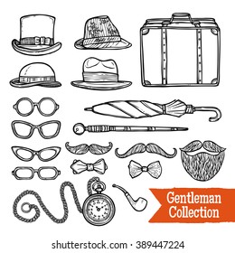 Old-fashioned gentleman accessories set with hats pipes umbrella and cane doodle style black abstract vector illustration 