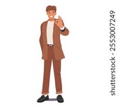 Old-fashioned gentleman cartoon character wearing vintage clothing gesturing ok hand sign standing isolated on white background. Positive body language arm symbols and friendly man vector illustration