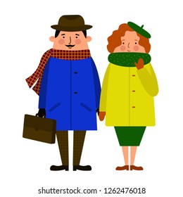 Old-fashioned gentleman and lady holding hands, walking by. Man and woman walk hand in hand. Vector illustration, white background.