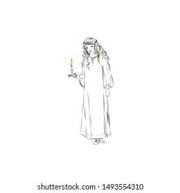 Old-fashioned girl with blonde hair in  nightgown holding candlestick with burning candle. Drawing for coloring. 