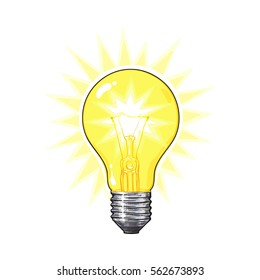 Old-fashioned glowing tungsten light bulb, side view, sketch style vector illustration isolated on white background. Realistic hand drawing of glowing retro style transparent tungsten light bulb