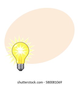Old-fashioned glowing tungsten light bulb, side view, sketch style vector illustration with place for text.