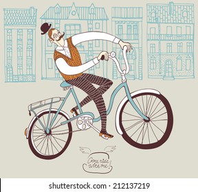 Old-fashioned  hand drawn man on a bicycle.