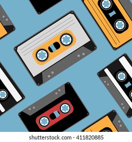 Old-fashioned HiFi audio cassette. Vintage black tape. Seamless pattern / background. Vector illustration.