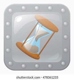 Old-fashioned hourglass game icon in metal frame. Vector design in cartoon style for app user interface.