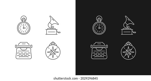 Old-fashioned items linear icons set for dark and light mode. Antique pocket watch. Gramophone records. Customizable thin line symbols. Isolated vector outline illustrations. Editable stroke