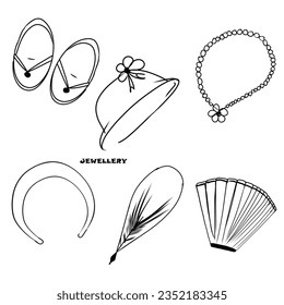 An old-fashioned jewellery collection set featuring cute sandals, hats, floral necklaces, headbands, feather pens and hand-held fans.
