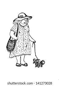 Old-fashioned Lady with a dog.