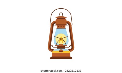 Old-fashioned lantern shines with a warm glow, showcasing a rustic design and orange colors ideal for camping outdoor lighting or vintage decor