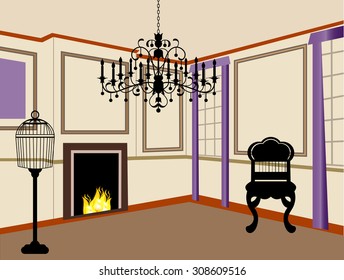 old-fashioned living room with fire in fireplace chandelier furniture