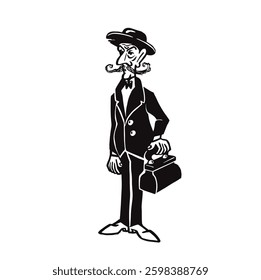 Old-fashioned man in hat with suitcase, silhouette monochrome vector