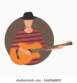 Old-fashioned man playing guitar on brown round background. Halloween, cartoon characters, costume. Vector illustration for poster, leaflet, brochure